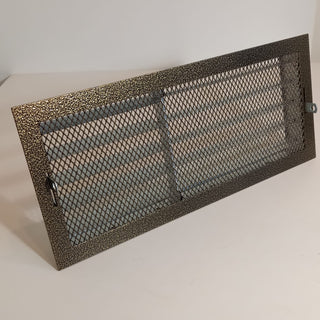 Žalvario spalvos grotelės su žaliuzėmis židiniams 150 x 150 mm. Tiesios židinio grotelės su žaliuzėmis ir montavimo lizdu