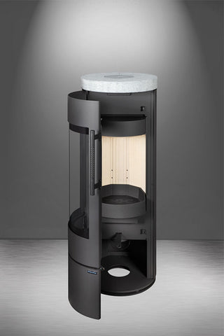 Romotop ALEA 02 lenktas apvalus židinys - apvali krosnelė su akmens plokšte