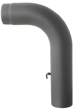 DARCO D-130 mm / 90° aukšta ilga lenkta dūmtraukio alkūnė su sklende. Kamino pajungimo alkūnė židiniams ir krosnelėms. Juoda dūmų alkūnė.