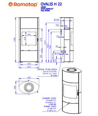 Romotop OVALIS H SERPENTINE lenktas apvalus akumuliacinis židinys – apvali akumuliacinė krosnelė su akmens apdaila