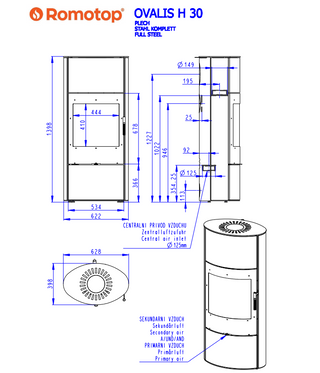 Romotop OVALIS H STEEL lenktas apvalus akumuliacinis židinys – apvali akumuliacinė krosnelė