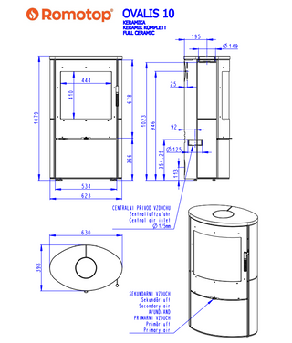 Romotop OVALIS CERAMIC lenktas apvalus židinys - apvali krosnelė lenktu stiklu su keramikos apdaila / pasirink spalvą