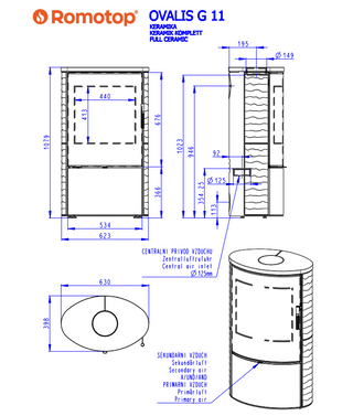 Romotop OVALIS G CERAMIC WAVE lenktas apvalus židinys - apvali krosnelė lenktu tonuotu stiklu su keramikos apdaila / pasirink spalvą