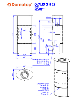 Romotop OVALIS G H SERPENTINE lenktas apvalus akumuliacinis židinys – apvali akumuliacinė krosnelė tonuotu lenktu stiklu su akmens apdaila