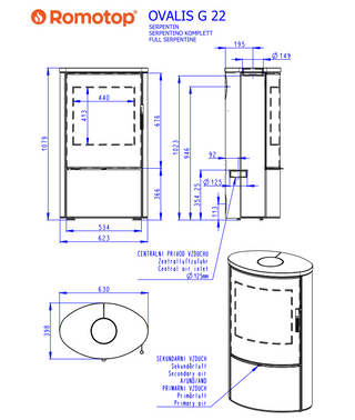 Romotop OVALIS G SERPENTINE lenktas apvalus židinys - apvali krosnelė tonuotu lenktu stiklu su akmens apdaila