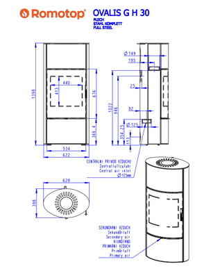 Romotop OVALIS G H STEEL lenktas apvalus akumuliacinis židinys – apvali akumuliacinė krosnelė lenktu tonuotu stiklu