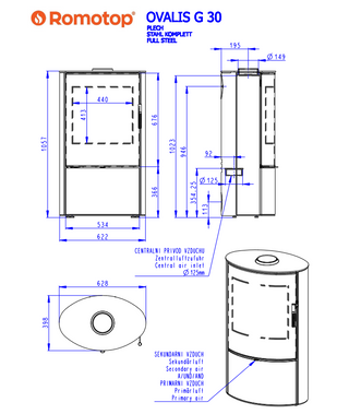 Romotop OVALIS G STEEL lenktas apvalus židinys - apvali krosnelė lenktu tonuotu stiklu