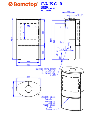 Romotop OVALIS G CERAMIC lenktas apvalus židinys - apvali krosnelė lenktu tonuotu stiklu su keramikos apdaila / pasirink spalvą