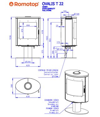Romotop OVALIS T SERPENTINE lenktas apvalus židinys - apvali krosnelė su akmens apdaila