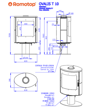 Romotop OVALIS T CERAMIC lenktas apvalus židinys - apvali krosnelė lenktu stiklu su keramikos apdaila / pasirink spalvą