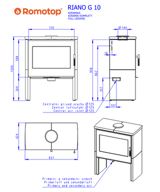 Romotop RIANO G CERAMIC židinys krosnelė su tonuotu stiklu ir keramikos apdaila / pasirink spalvą