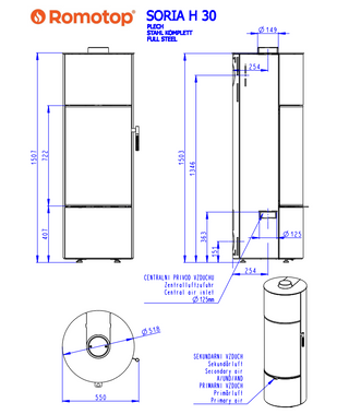 Romotop SORIA H STEEL lenktas apvalus akumuliacinis židinys – apvali akumuliacinė krosnelė