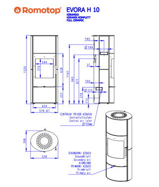 Romotop EVORA H CERAMIC lenktas apvalus akumuliacinis židinys - apvali akumuliacinė krosnelė su keramikos apdaila / pasirink spalvą