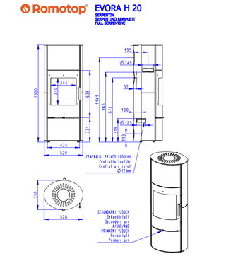Romotop EVORA H SERPENTINE lenktas apvalus akumuliacinis židinys - apvali akumuliacinė krosnelė su akmens apdaila