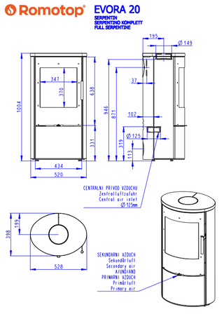 Romotop EVORA SERPENTINE lenktas apvalus židinys - apvali krosnelė su akmens apdaila