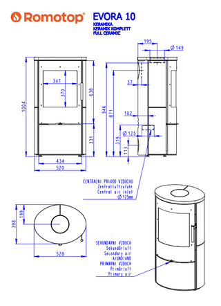 Romotop EVORA CERAMIC lenktas apvalus židinys - apvali krosnelė su keramikos apdaila / pasirink spalvą