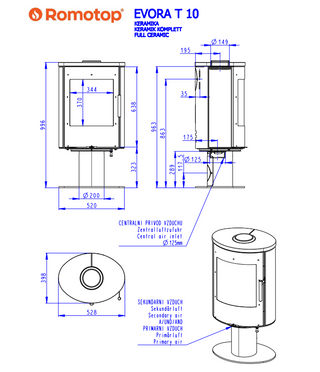 Romotop EVORA T CERAMIC lenktas apvalus židinys - apvali krosnelė su keramikos apdaila / pasirink spalvą
