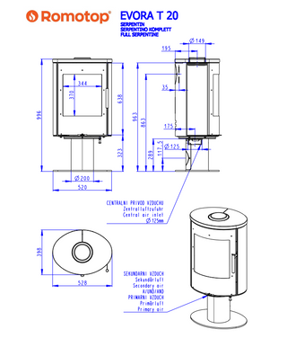 Romotop EVORA T SERPENTINE lenktas apvalus židinys - apvali krosnelė su akmens apdaila