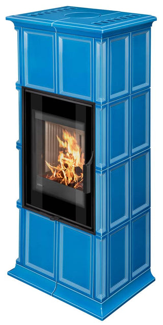 Romotop GREMIO 1 G akumuliacinis židinys – akumuliacinė krosnelė su kokliais ir tonuotais stiklo kraštais. Keramikos apdaila / pasirink spalvą