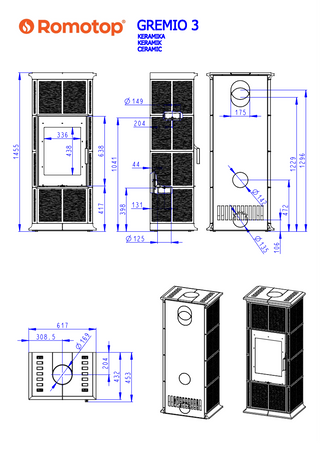 Romotop GREMIO 3 G akumuliacinis židinys – akumuliacinė krosnelė su kokliais ir tonuotais stiklo kraštais. Keramikos apdaila / pasirink spalvą