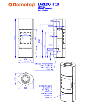 Romotop LAREDO H CERAMIC lenktas apvalus akumuliacinis židinys – apvali akumuliacinė krosnelė su keramika / pasirink spalvą