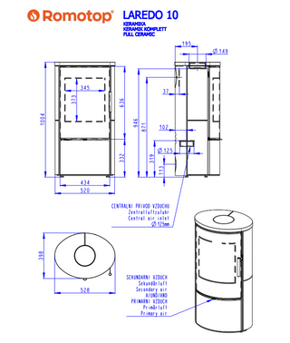 Romotop LAREDO CERAMIC lenktas apvalus židinys - apvali krosnelė su keramika / pasirink spalvą