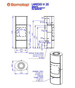 Romotop LAREDO H SERPENTINE lenktas apvalus akumuliacinis židinys – apvali akumuliacinė krosnelė su akmens apdaila