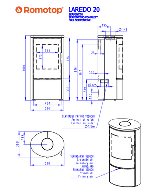 Romotop LAREDO SERPENTINE lenktas apvalus židinys - apvali krosnelė su akmens apdaila