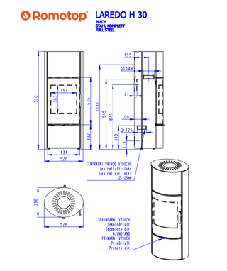 Romotop LAREDO H STEEL lenktas apvalus akumuliacinis židinys – apvali akumuliacinė krosnelė