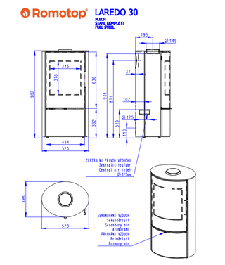 Romotop LAREDO STEEL lenktas apvalus židinys - apvali krosnelė