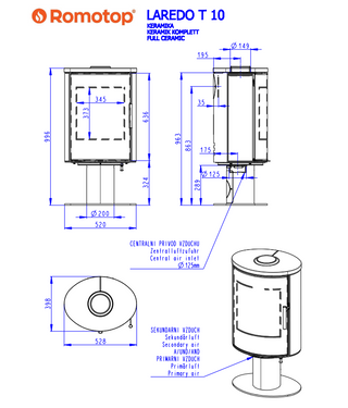 Romotop LAREDO T CERAMIC lenktas apvalus židinys - apvali krosnelė su keramika / pasirink spalvą