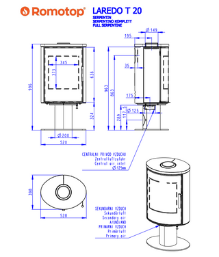 Romotop LAREDO T SERPENTINE lenktas apvalus židinys - apvali krosnelė su akmeniu