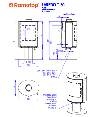 Romotop LAREDO T STEEL lenktas apvalus židinys - apvali krosnelė