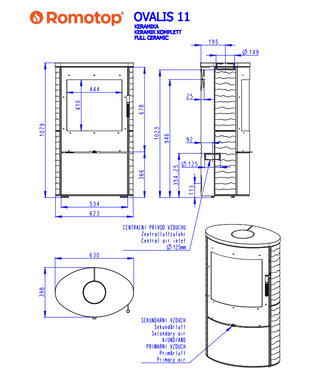 Romotop OVALIS CERAMIC WAVE lenktas apvalus židinys - apvali krosnelė lenktu stiklu su keramikos apdaila / pasirink spalvą