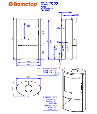 Romotop OVALIS SERPENTINE lenktas apvalus židinys - apvali krosnelė su akmens apdaila