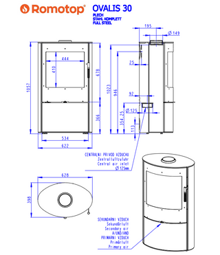 Romotop OVALIS STEEL lenktas apvalus židinys - apvali krosnelė