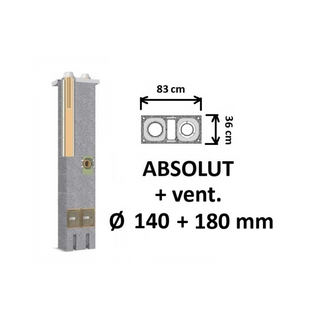 Dvigubo kamino komplektas Schiedel Absolut Ø140+V+180 mm su ventiliacine anga. Dvigubas keramikinis kaminas su ventiliacija A, A+, A++ klasės namams