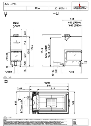 Spartherm Arte U-70h židinio kapsulės matmenys