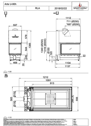 Spartherm Arte U-90h židinio kapsulės matmenys