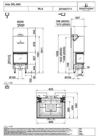 Spartherm Arte 3RL-60h židinio kapsulės matmenys