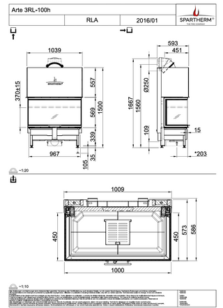 Spartherm Arte 3RL-100h židinio kapsulės matmenys