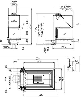 Spartherm Premium A-U-70h tripusis židinys pakeliamu stiklu