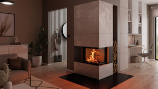 Spartherm Varia 2R-55h H₂O kampinis židinys su šilumokaičiu interjere