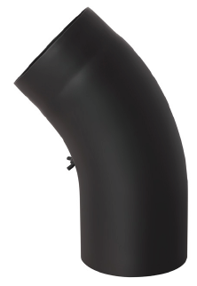 DARCO D-150 mm / 45° lenkta dūmtraukio alkūnė su pravala. Kamino pajungimo alkūnė židiniams ir krosnelėms. Juoda dūmų alkūnė.