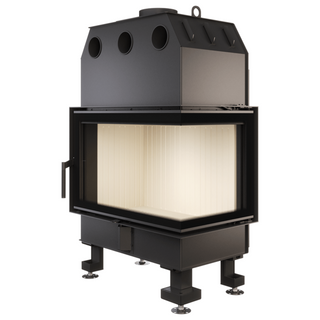 SAVEN ENERGY 75x50x47R (15,1kW) ECO kampinis židinys. Plieninė židinio kapsulė kampiniu į šoną atidarimu stiklu.