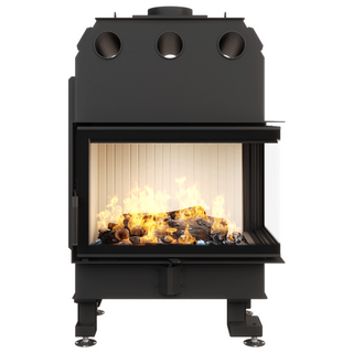 SAVEN ENERGY 75x50x47R (15,1kW) ECO kampinis židinys. Plieninė židinio kapsulė kampiniu į šoną atidarimu stiklu.