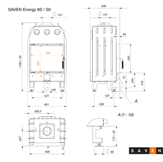 SAVEN ENERGY 60x50 BLACK (14,5kW) ECO židinys su juodu šamotu pakuroje. Plieninė židinio kapsulė tiesiu į šoną atidarimu stiklu.