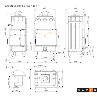 SAVEN ENERGY 65x50x47R BLACK (14,5kW) ECO kampinis židinys su juodu šamotu pakuroje. Plieninė židinio kapsulė kampiniu į šoną atidarimu stiklu.