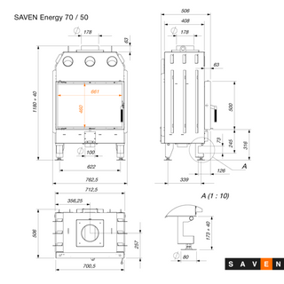 SAVEN ENERGY 70x50 BLACK (15,1kW) ECO židinys su juodu šamotu pakuroje. Plieninė židinio kapsulė tiesiu į šoną atidarimu stiklu.