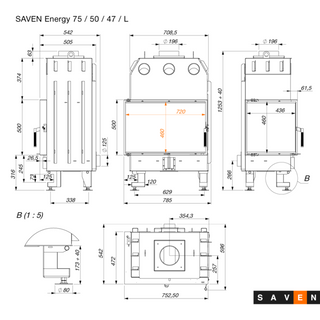 SAVEN ENERGY 75x50x47L (15,1kW) ECO kampinis židinys. Plieninė židinio kapsulė kampiniu į šoną atidarimu stiklu.